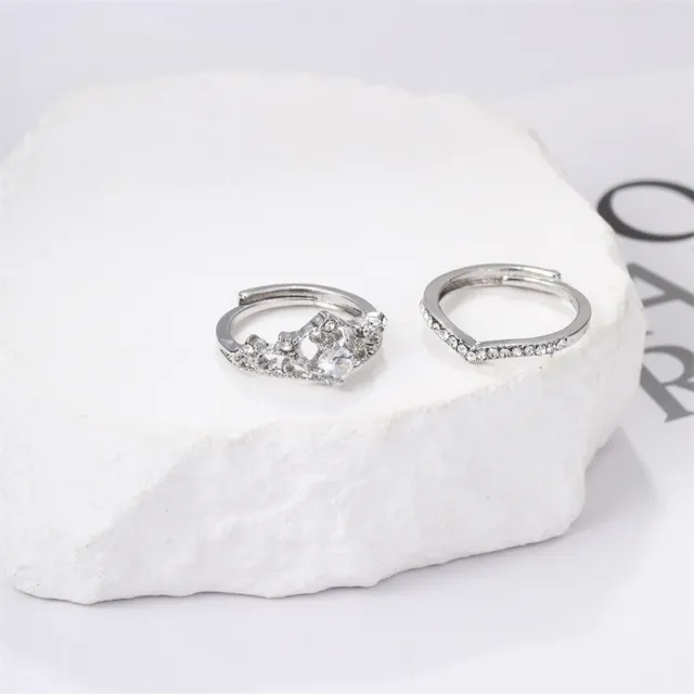 2Pcs Exquisite Crown Zircon Heart Shaped Ring For Women's Fashion Princess Bride