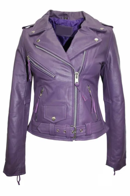 Chaqueta de Cuero Púrpura 4 Mujeres Piel de Cordero Real Cuero Suave Motociclista Chaqueta