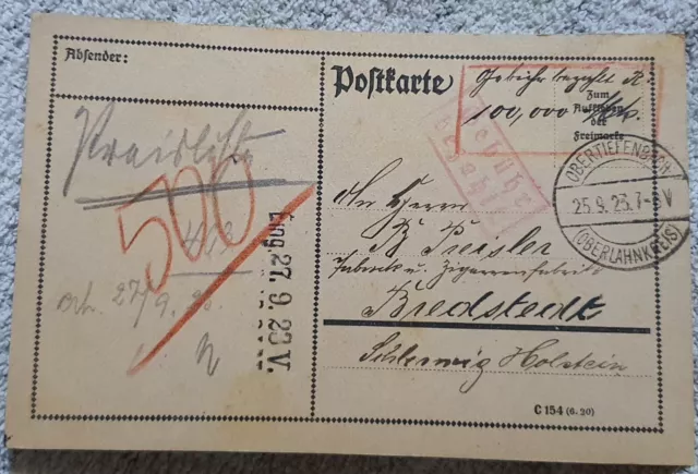 Postkarte GEBÜHR BEZAHLT 1923 Deutsches Reich Obertiefenbach Lokalausgabe gest.