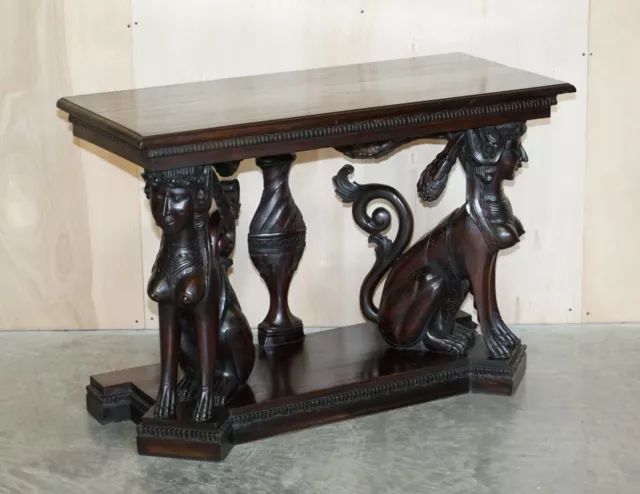 Stunning Heavily Carved Egyptian Revival Console Table With Twin Sphinx Pillars 2