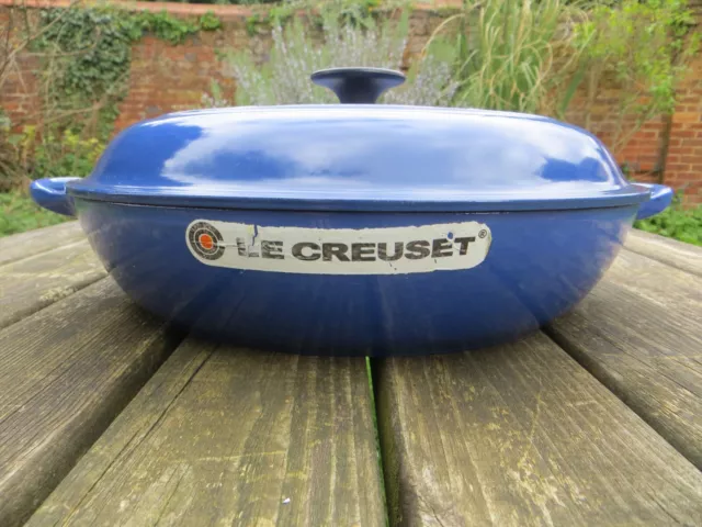 Vintage Le Creuset Cast Iron Large Shallow Casserole Blue (30)