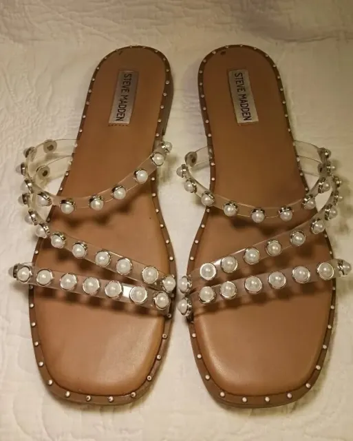 Steve Madden Skyler Stud Sandal, Women's Size 9, Clear Strap W/ Pearls Pre-Owned