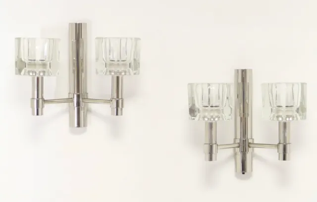Pair of vintage Peill & Putzler Chrome Cube Glass Appliqués / Sconces 70 s