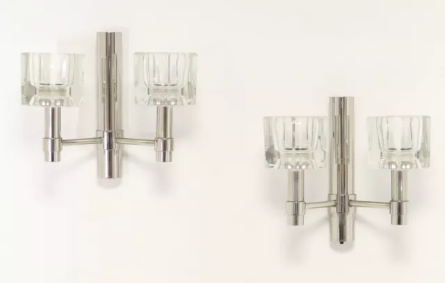 Pair of vintage Peill & Putzler Chrome Cube Glass Appliqués / Sconces 70 s