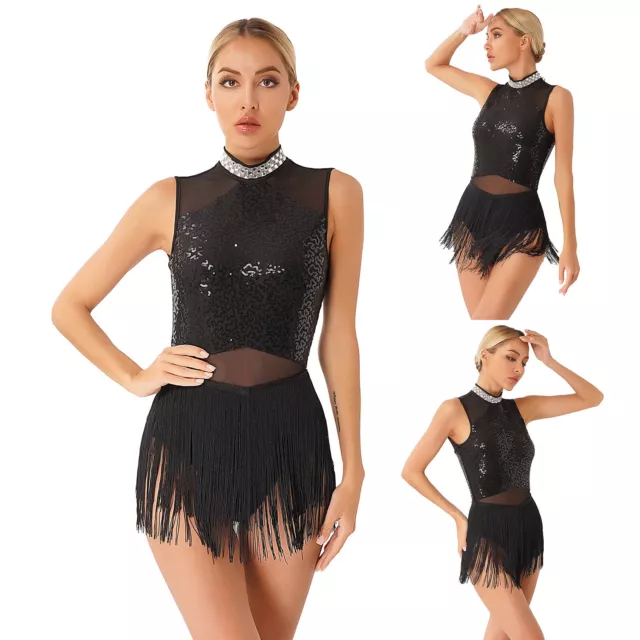 Womens Latin Dance Leotard Rumba Dresses Glittery Rhinestone Fringed Dancewear