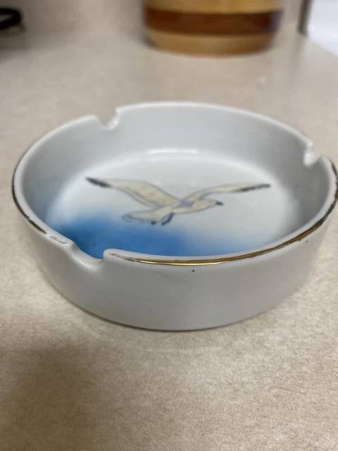 Vintage Seagull 4” Round Ceramic 3 Slot Ashtray Nautical Beach Theme Ocean Sea