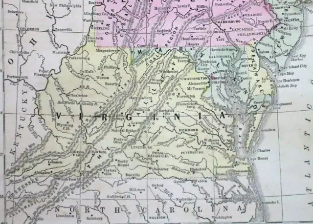 Old Antique 1860 H. Cowperthwait Map ~ PRE-WAR VIRGINIA ~ Free S&H ~ Inv#69