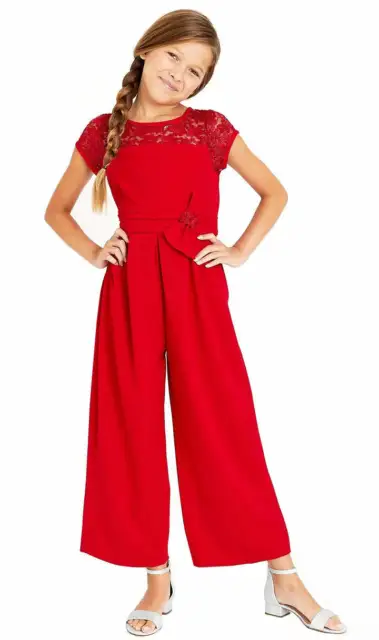 Bonnie Jean Girl's Size 14 Red Jumpsuit Lace Top Bow Accent Scoop Neck Tie Back