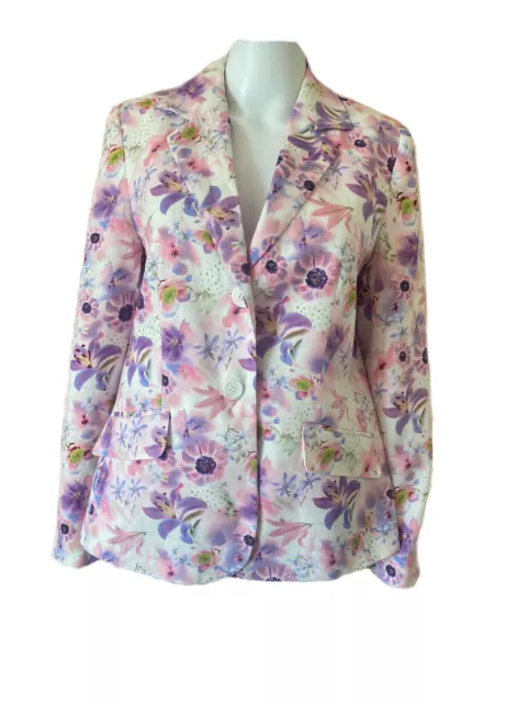 Queenspark Blazer Womens Size 10 Pink Lilac Floral Linen Collared Button