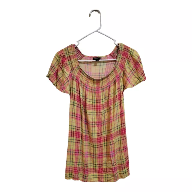 Torrid Women Top 1X Yellow Plaid Smocked Crew Neck Blouse Crinkle Gauze Flutter