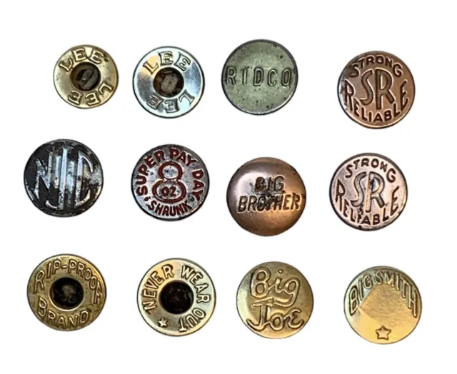 Lot of 12 Vintage Metal Stud Buttons Big Joe, Ridco, Lee Jeans Overalls