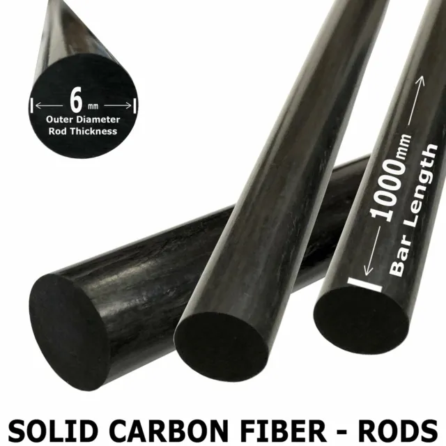 (1) Piece - 6mm x 1000mm Carbon Fiber RODS - Solid Pultruded Round Rods...