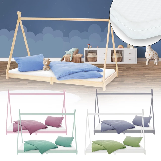 Lit Tipi Enfant En Pin Massif Blanc 160x80 Cm - Avec Sommier à Lattes, Montage Requis, Neuf