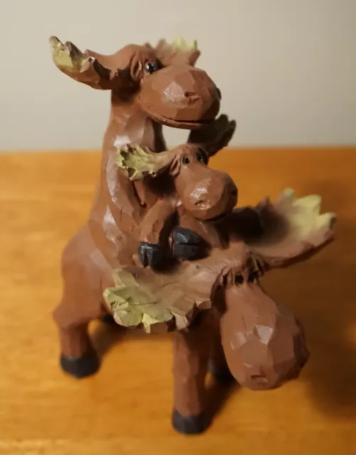 MOOSE FAMILY Riding Piggy Back Figurine Rustic Lodge Primitive Cabin Home Decor