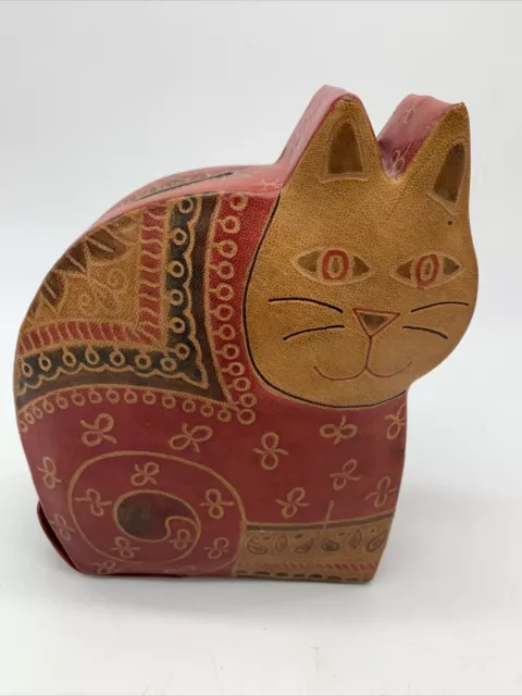 Hand Painted Embossed Leather Sitting Cat Bank 7" Tall Red Tan Made in India