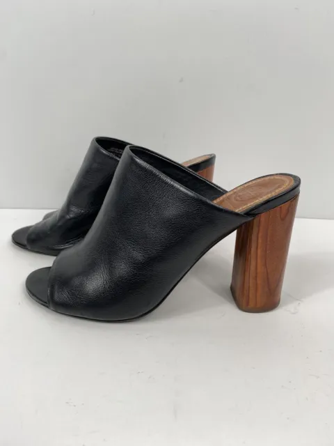 TORY BURCH Black Leather Wooden Heel Mules Peep Toe Women's Size 7.5 US “RAYA”