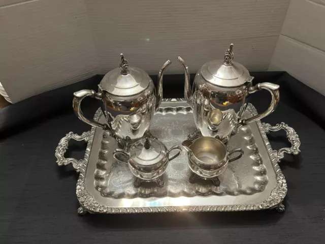 Vintage FB Rogers Silver Co. 5PC Tea Set 2670, Cream & Sugar Set 1083, Tray 8061