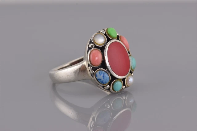 Sterling Silver Red Coral Accented Bezel Southwestern Band Ring 925 Sz: 9