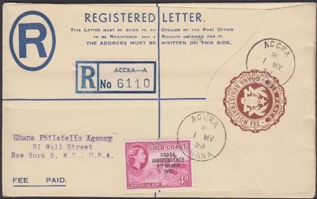 GHANA, 1958. First Day Reg Letter H&G C2, 8, Accra - New York