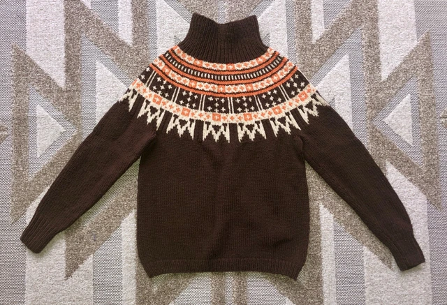 VTG 70s 80 Brown Orange Hand Knit Turtleneck Sweater Kids Children Top 8-10