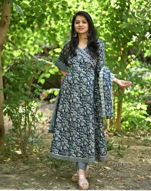 Wedding Festival Party Wear Cotton Printed Anarkali Kurti Pant And Dupatta Dress