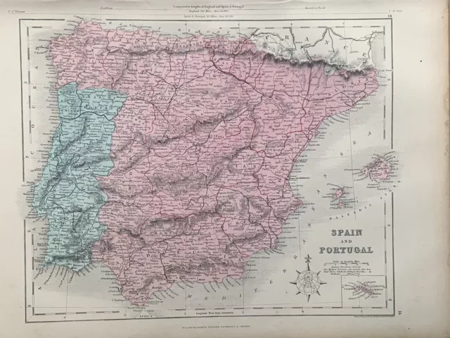 1871 Spain & Portugal Fully Hand Coloured Original Antique Map by Joshua Archer