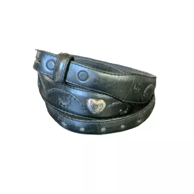 VTG Tony Lama Sz 32 Black Leather Tooled Belt Silver Hearts Western BOHO 14G