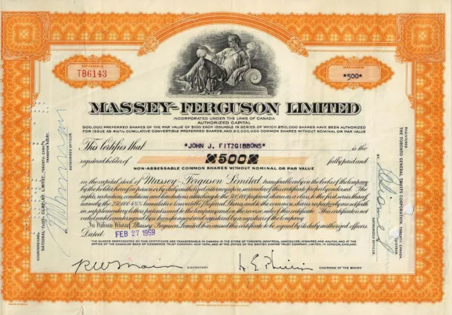 Canada - Massey - Ferguson Limited 1959 (500 Shares) ganz alte Vignette