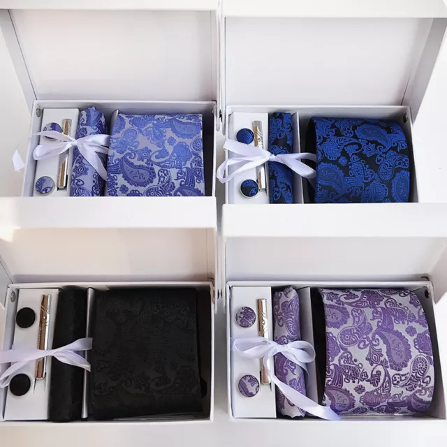 Men Birthday Wedding Tie & Pocket Square Hanky Handkerchief Cufflink Cravats Set 2