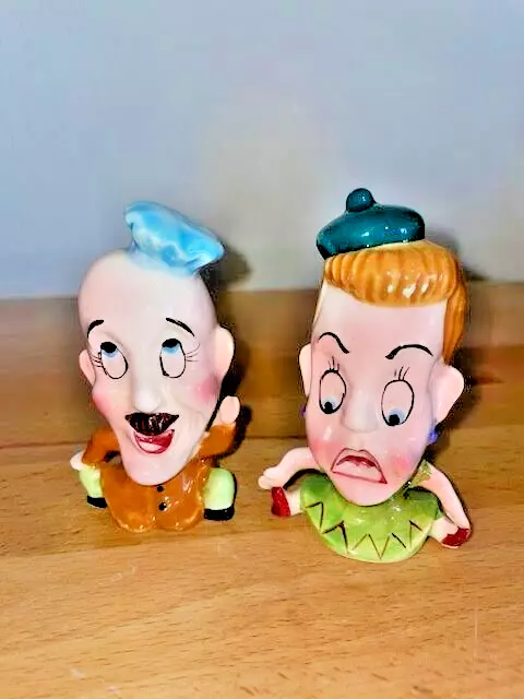 Vintage MCM Anthropomorphic Head Salt and Pepper Shakers Man Woman w/ Hat READ