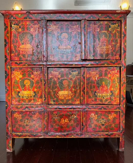 Antique Tibetan Hand Painted Elmwood Cabinet Sideboard Buffet w Buddhist Imagery 2