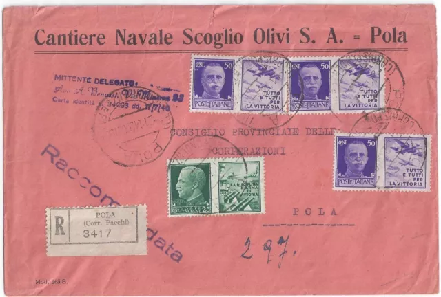 Italien 1941 Pola Registrierte Abdeckung Cantie Navale Scoglio Olivi Sa