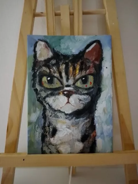 Cat painting Vintage style Small painting Cardboard Original Impasto