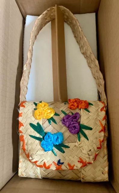 Vintage Bahamas Handwoven Wicker Rattan Straw Handbag / Purse / Floral Accents