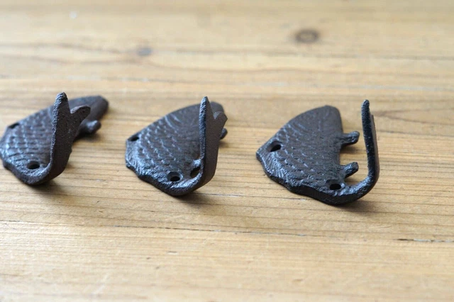 3 Fish Wall Hook Coat Hat Towel Beach Koi Hooks 4 3/4" Rustic Cast Iron Bath 3