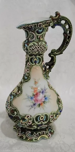 Hand Painted Nippon Unmarked Ewer Vase Moriage Beaded Antique 10,5" Hp Roses