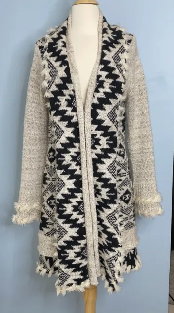 Midnight Velvet Aztec Design Maxi Cardigan Sweater With Fur Trim Size Large