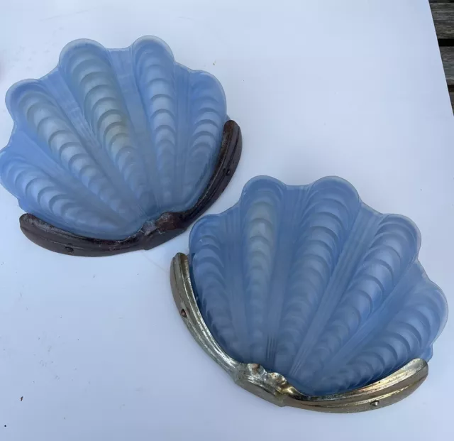 Pair of Complete Art Deco Blue Frosted Glass ODEON CLAM SHELL Wall Lights