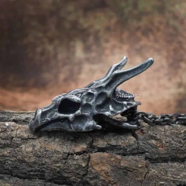 Mens Cool Stainless Steel Dragon Skull Pendant Necklace For Men Vintage Gift
