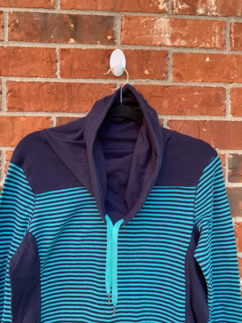 Eddie Bauer Womens Large Turquoise Navy Stripe Cowl Neck Ribbed Long Sleeve Top 2