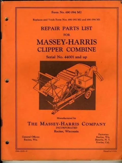 Massey Harris Clipper Combine Repair Parts List 1951  Form No. 690 094 M2