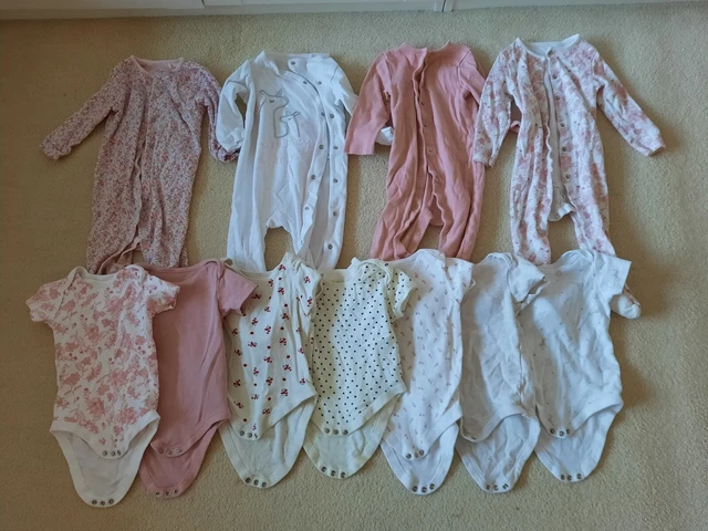 Girls childrens clothing bundle Age 9-12 Months 4 sleepsuits 7 vests rose floral
