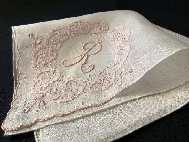 9842🌟PREMIUM Vintage 40s Madeira Bridal PINK Monogram “R” Wedding Handkerchief