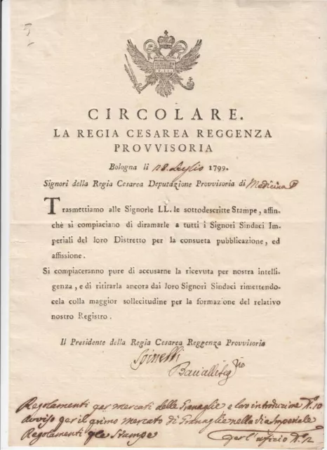 1799 Bologna Occupazione Austro-Russa+Regia Cesarea Reggenza+Documento En T-F236
