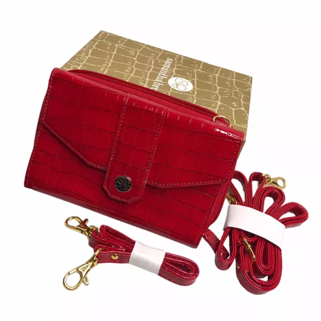 New Samantha Brown Red Leather Croc Embossed Wallet Clutch Strap In Box