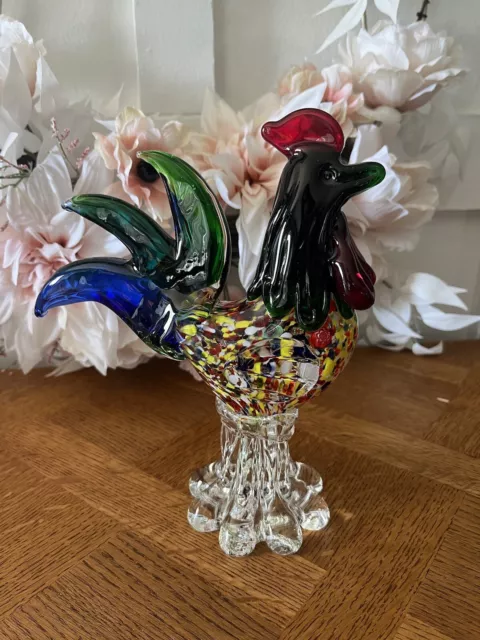 Vintage Multi-Colored Murano Art Glass Rooster  8.5”