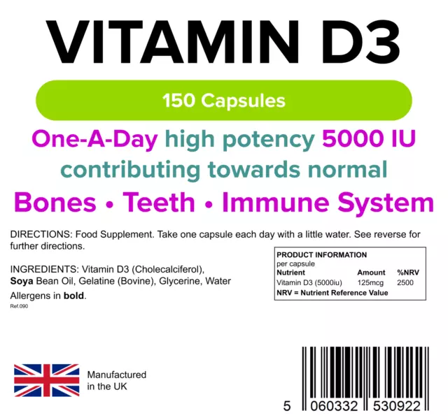 Lindens Vitamin D3 5000iu (150 Capsules) Bone Teeth Immune UK Manufacturer 2