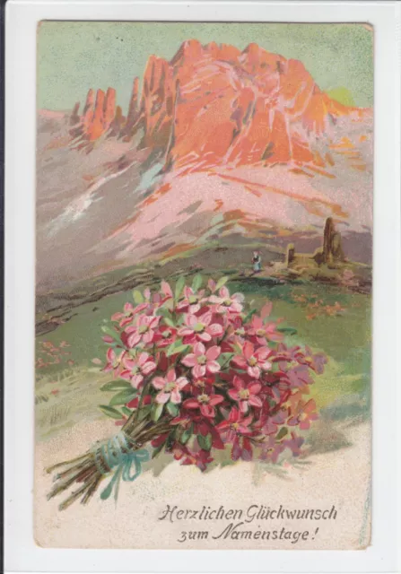 AK Namenstag, Berglandschaft und Blumenstrauss, 1926