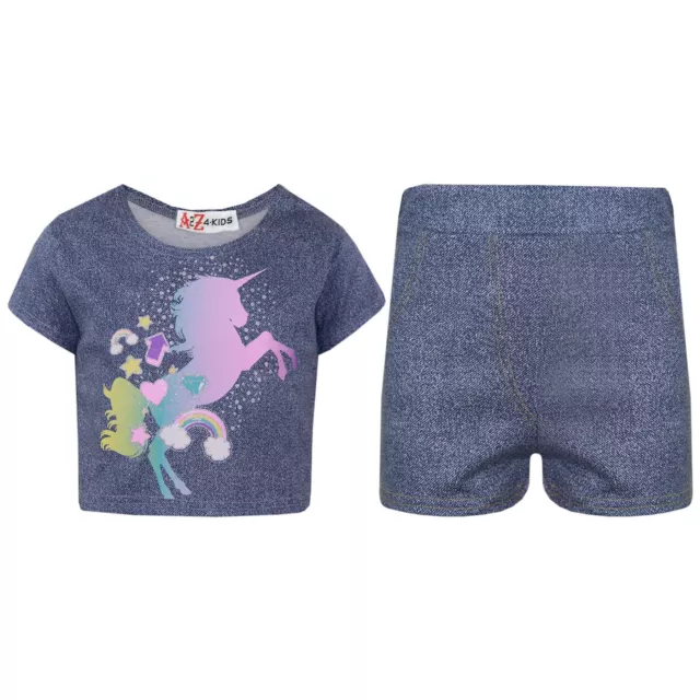 Kids Girls Crop Top & Shorts Rainbow Unicorn Fashion Summer Outfit Short Sets