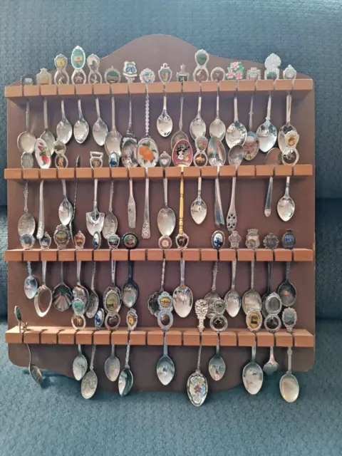 Vintage Lot Of 56  Collectors Travel Mini Souvenir Spoons And Wall Display Mount